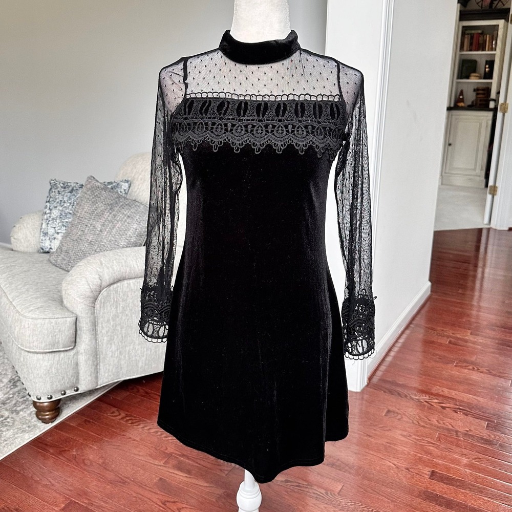 2000s Rare Editions Black Velour Sheer Polka Dot Long Sleeve Cocktail Dress